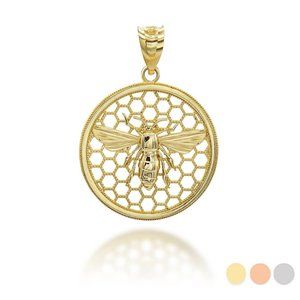 10K Solid Gold Queen Bee Honey Comb Pendant Charm - Yellow, Rose, or White